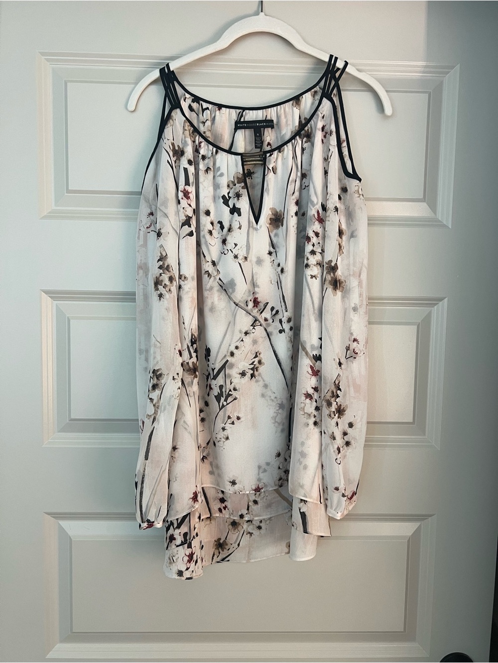 Floral Cold-Shoulder Blouse with Elastic Wrist Sleeve in Ivory and Black Trim